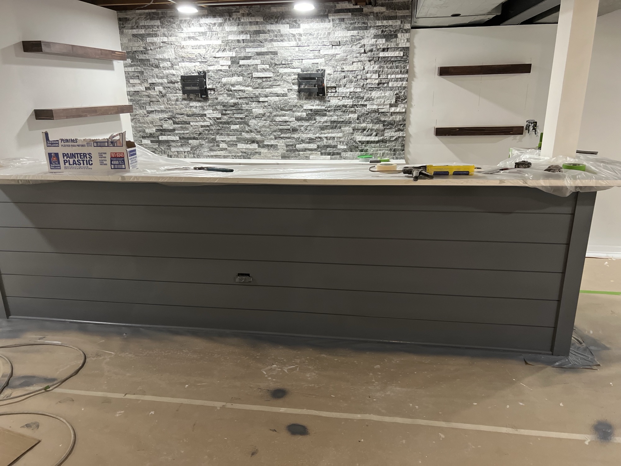Gray shiplap wet bar finished