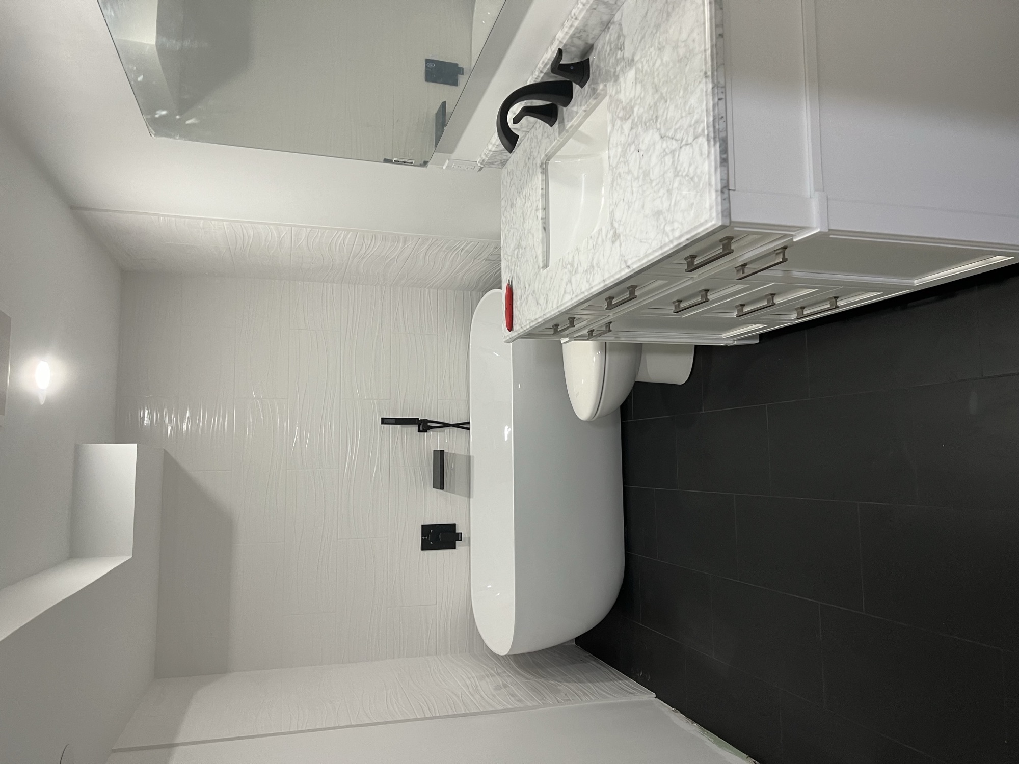 White tile bathroom freestanding tub